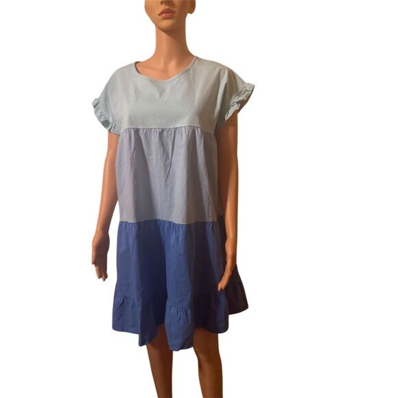 Simply Southern Women's Standard L Blue Tiered Color Block Knee Length Dress - Picture 6 of 13